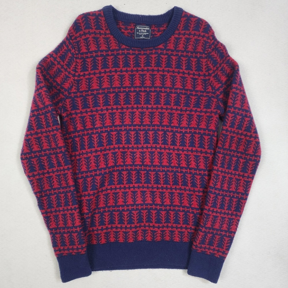 VTG Abercrombie & Fitch Sweater Mens Medium Red Blue Pine Tree Fair Isle Crew